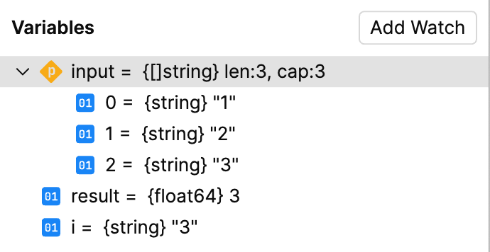 New values in the Variables panel