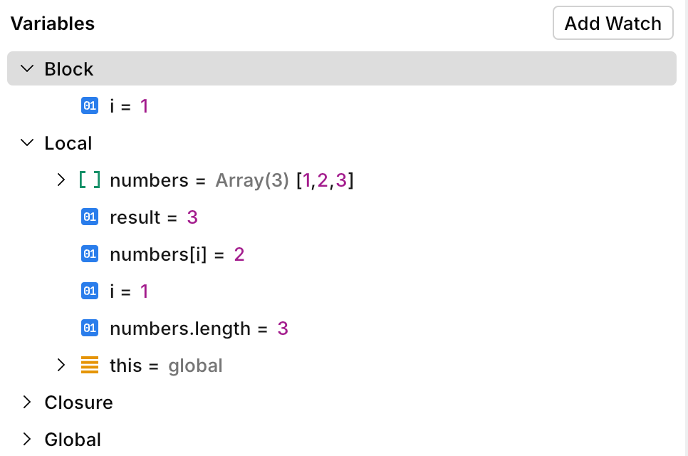 New values in the Variables panel