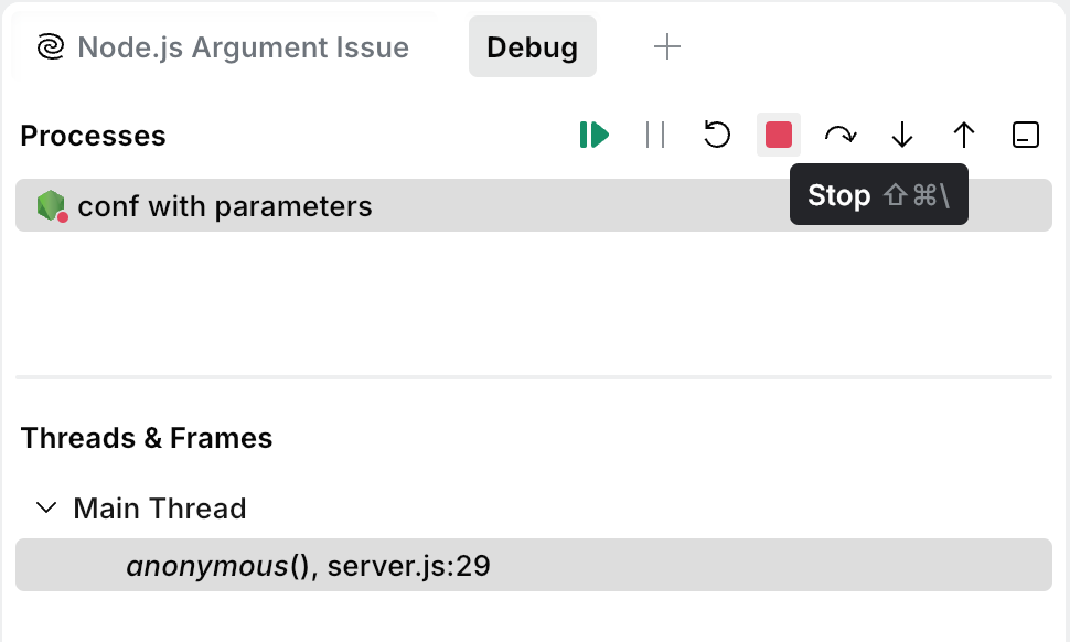 Debugger session is stopped using the Stop button located in the Debug tool