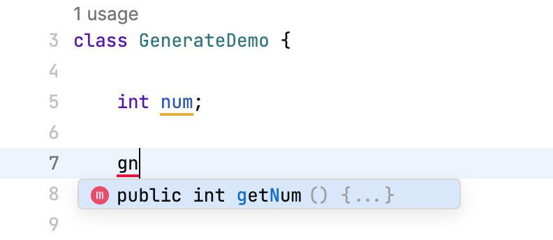 Generating a getter for the number field by typing gn and using the code completion suggestion