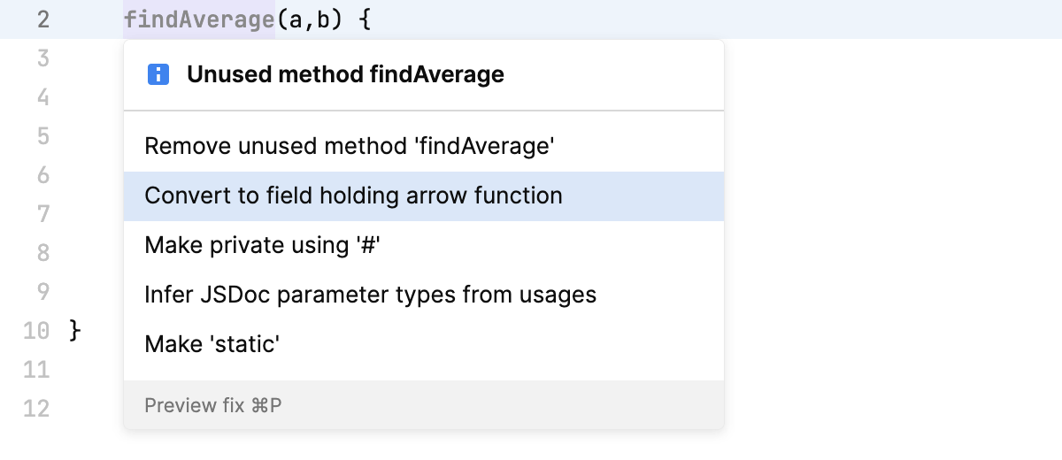 A popup with code actions