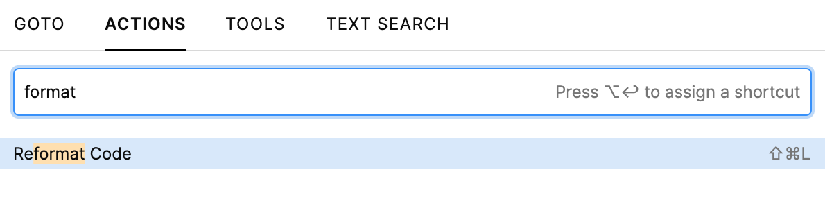 Searching for Reformat Code action using the Go to popup