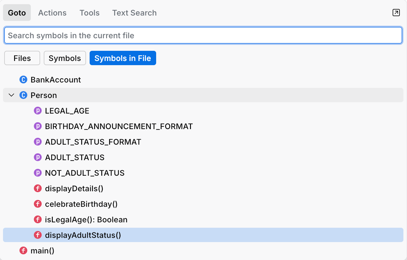 Viewing file structure in Go to popup