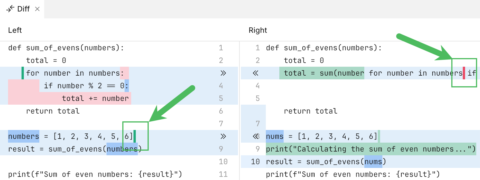 Locations where new code is added or deleted