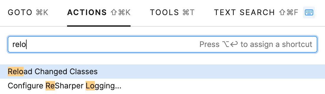 Searching for Reload Changed Classes action in the Goto popup]