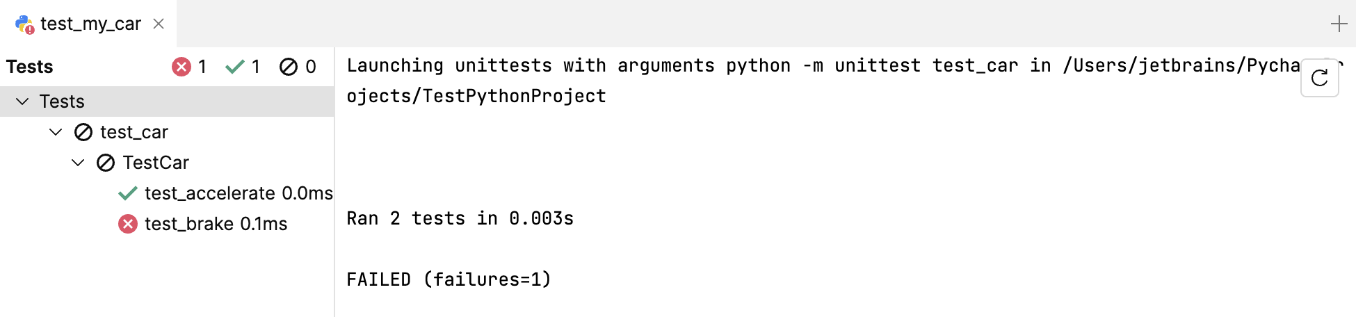 Unittest results in terminal