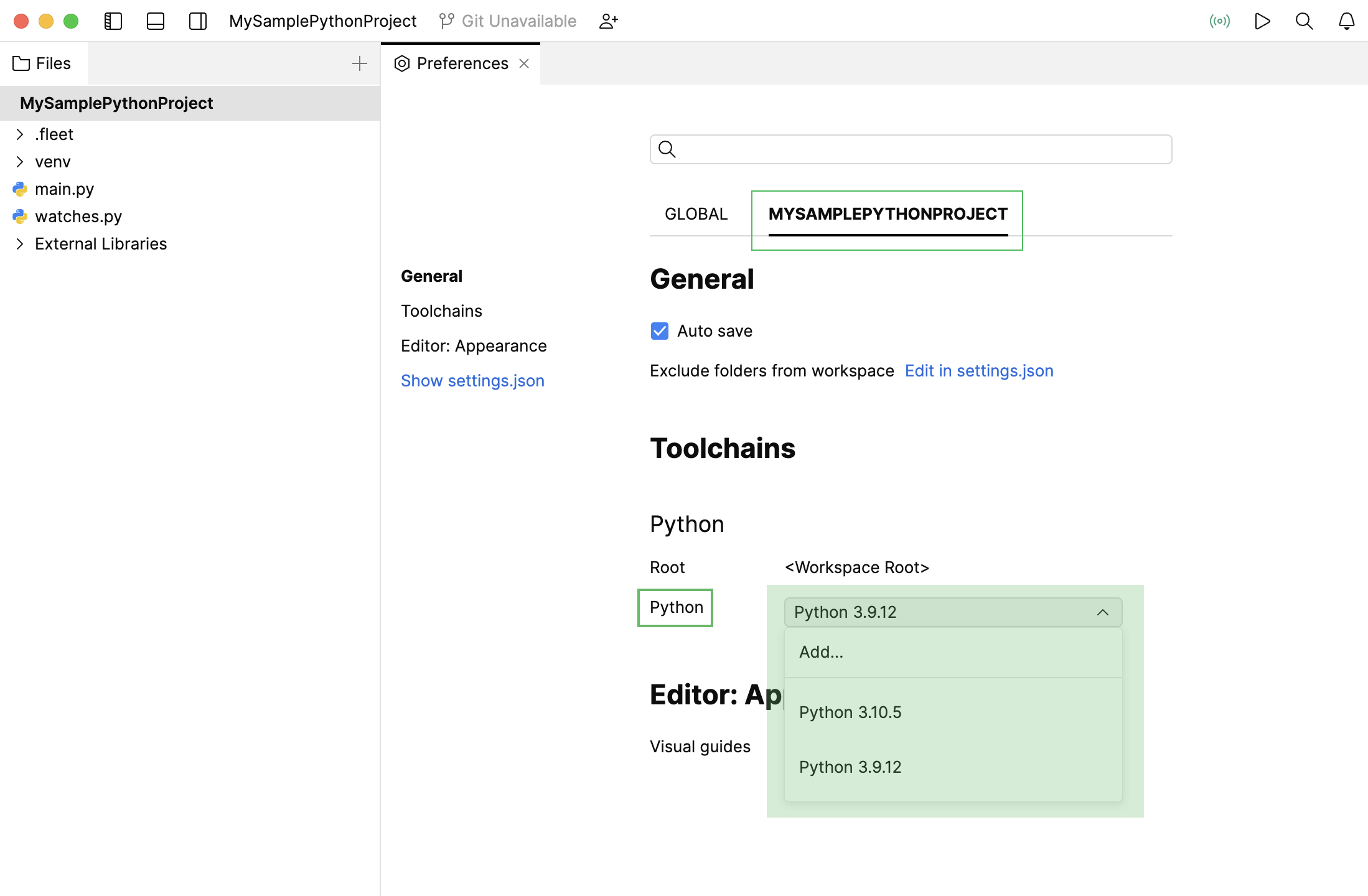 Selecting a Python interpreter for the workspace