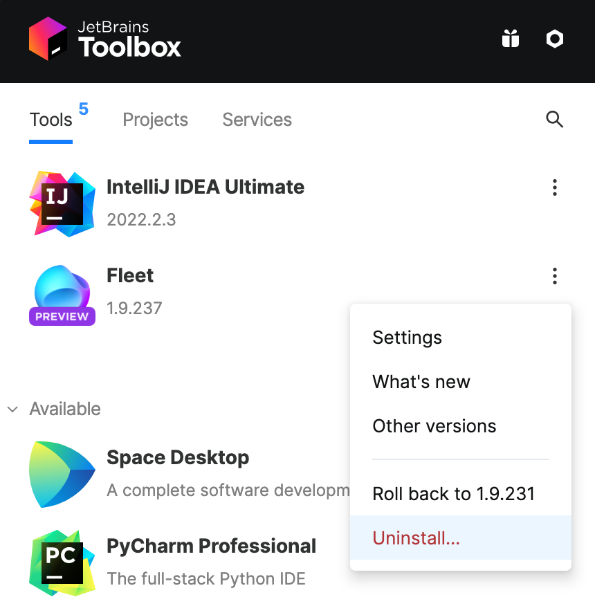 Uninstall menu item in Toolbox