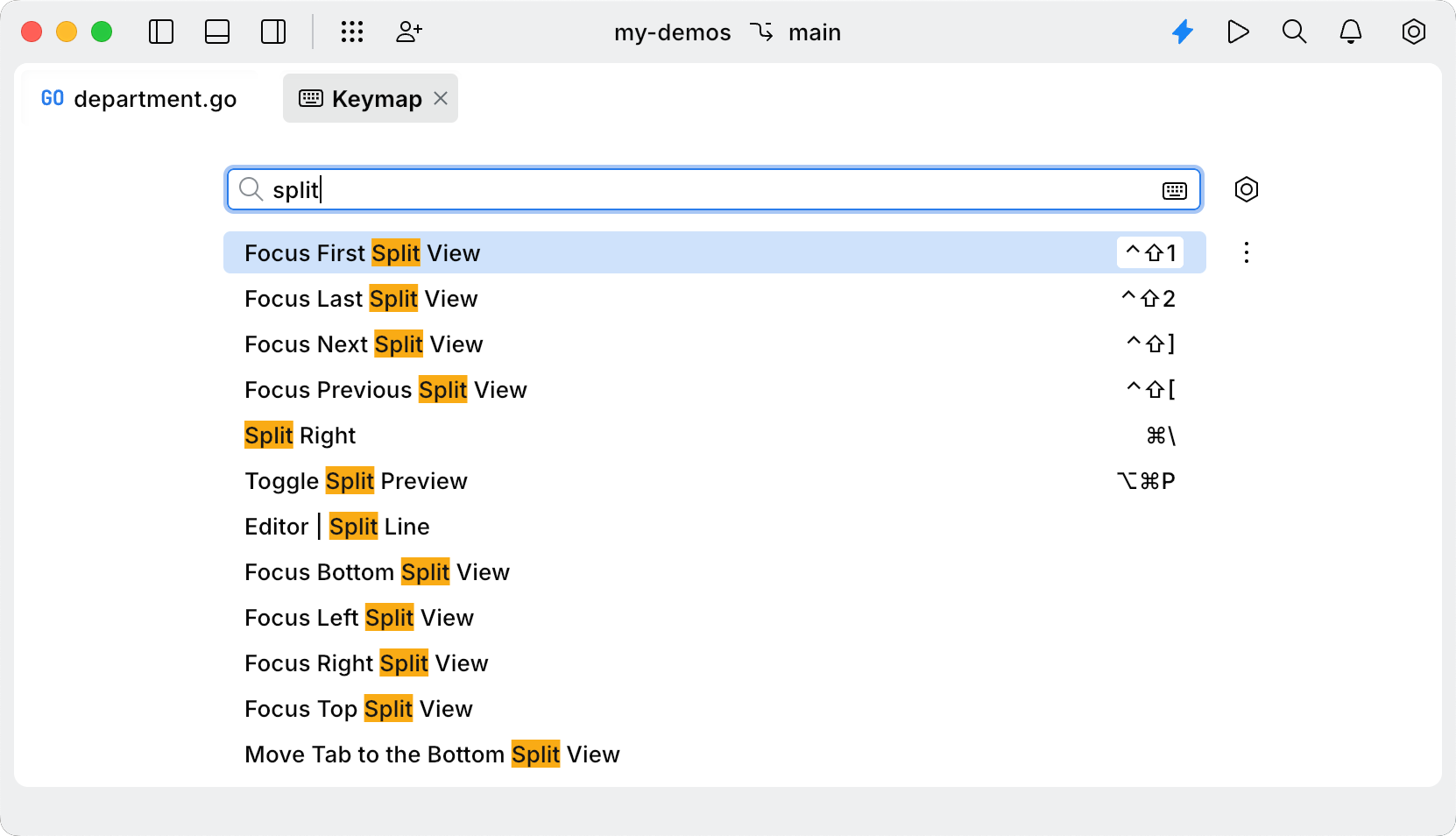 Shortcuts for split views