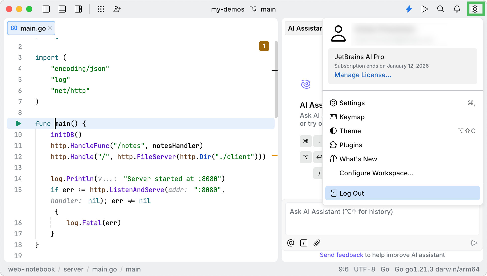 Log out of JetBrains AI action in the Go to Action dialog