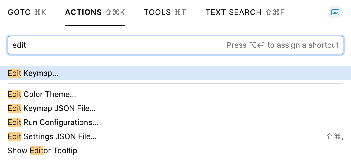 Searching for the Edit Keymap action using the Go to popup