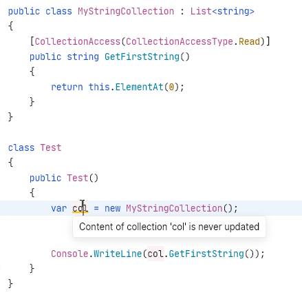 Using JetBrains.Annotations to improve code analysis of collection access Using JetBrains.Annotations to improve code analysis of collection access