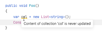 JetBrains Fleet warns you that a collection is read before ever being filled or modified. JetBrains Fleet warns you that a collection is read before ever being filled or modified.