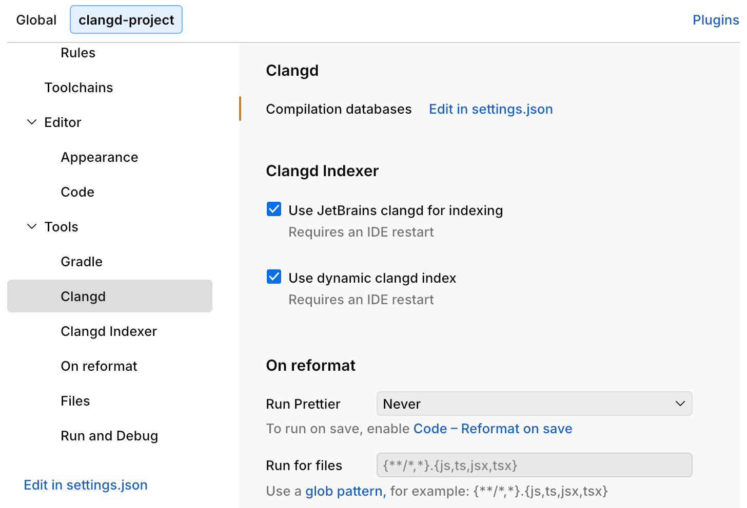 Clangd settings in settings.json