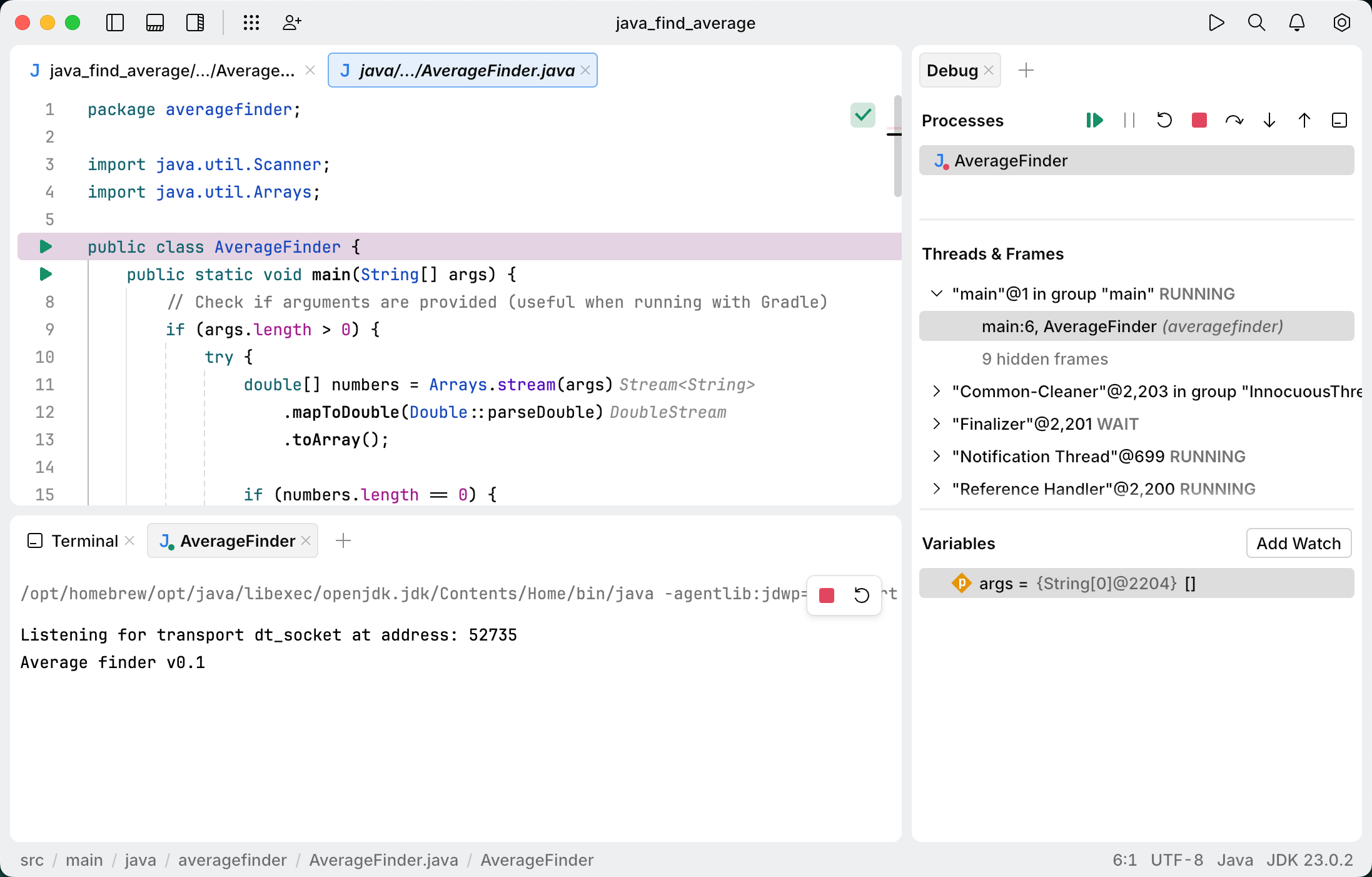 Debug tool window appears. The line with the breakpoint is highlighted Debug tool window appears. The line with the breakpoint is highlighted