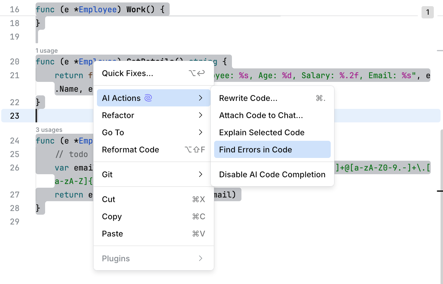 JetBrains Fleet: AI Assistant finds potential problems in the selected code