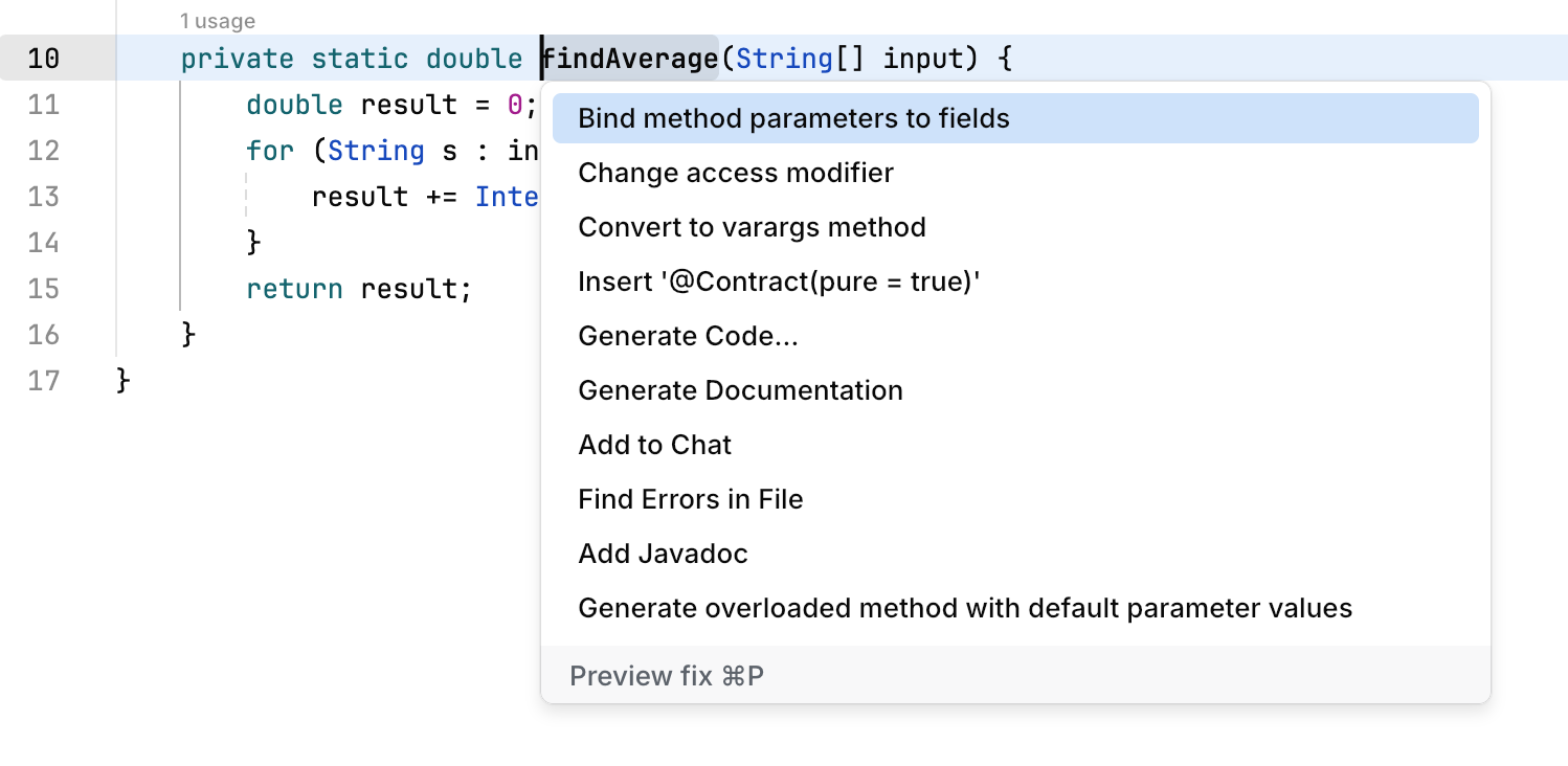 A popup with code actions A popup with code actions