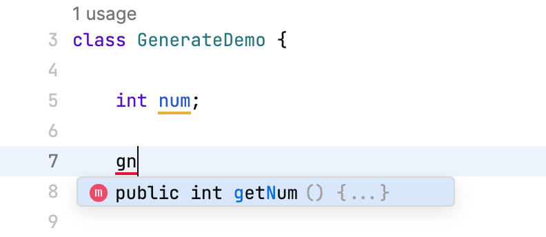 Generating a getter for the number field by typing gn and using the code completion suggestion Generating a getter for the number field by typing gn and using the code completion suggestion