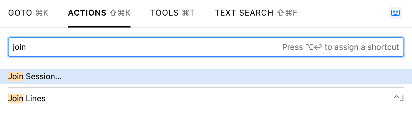 Searching for the Join Session action using the Go to popup Searching for the Join Session action using the Go to popup