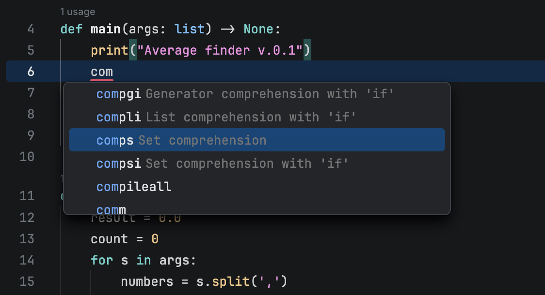 List of Python live templates | JetBrains Fleet Documentation