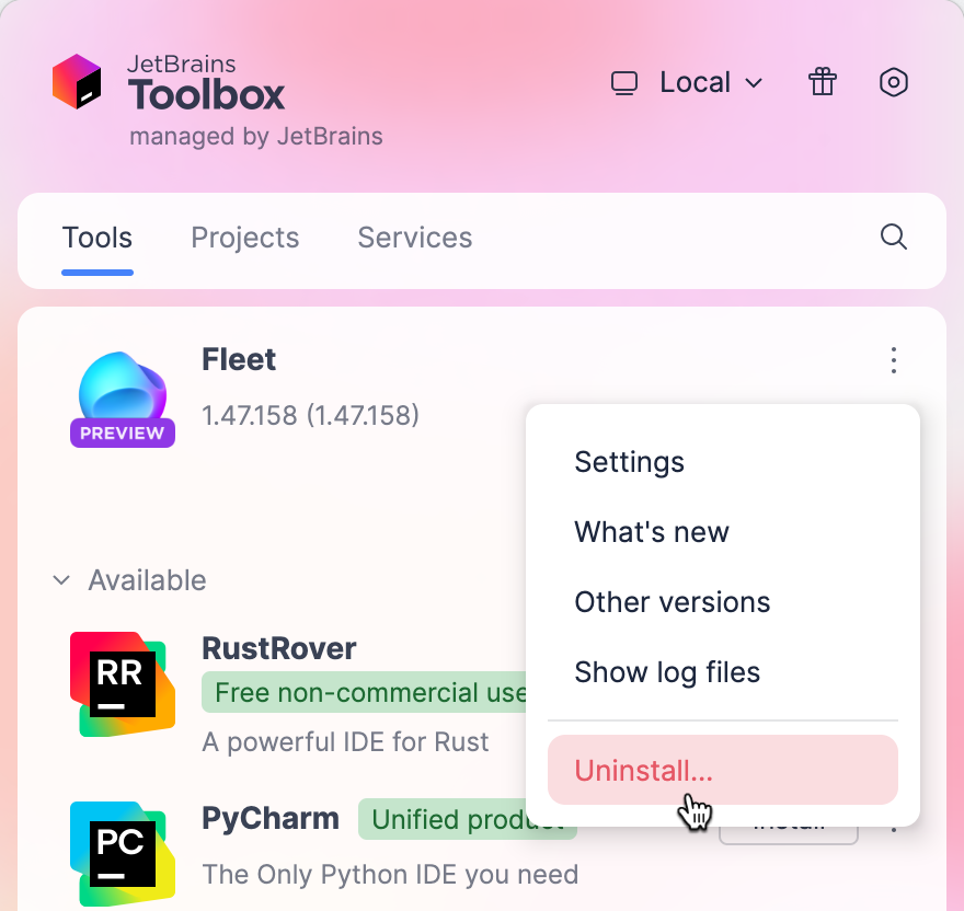 Uninstall menu item in Toolbox Uninstall menu item in Toolbox