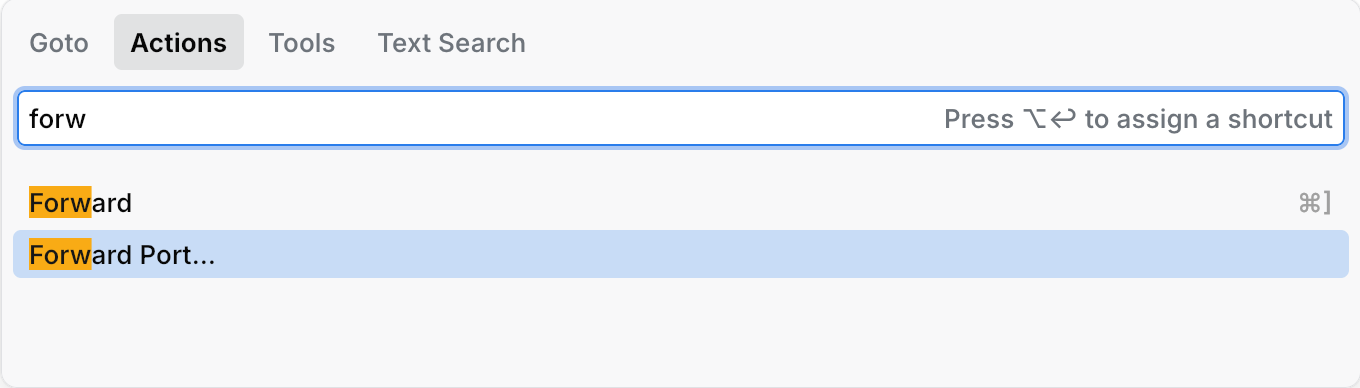 Searching for the Forward Port action in the Go to popup