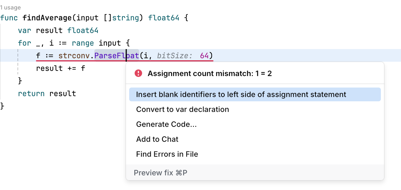 A popup with code actions A popup with code actions