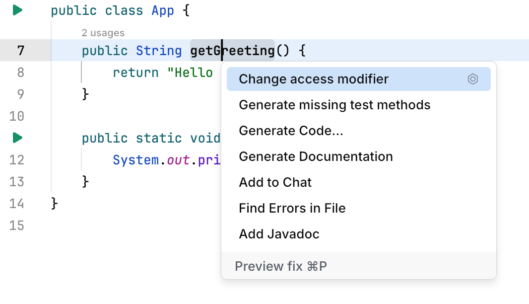 The popup with available intention actions