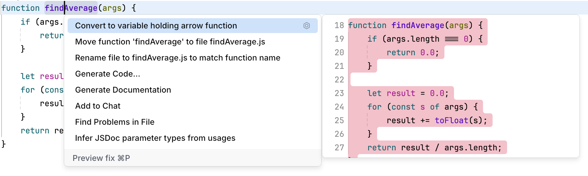 Code actions preview Code actions preview