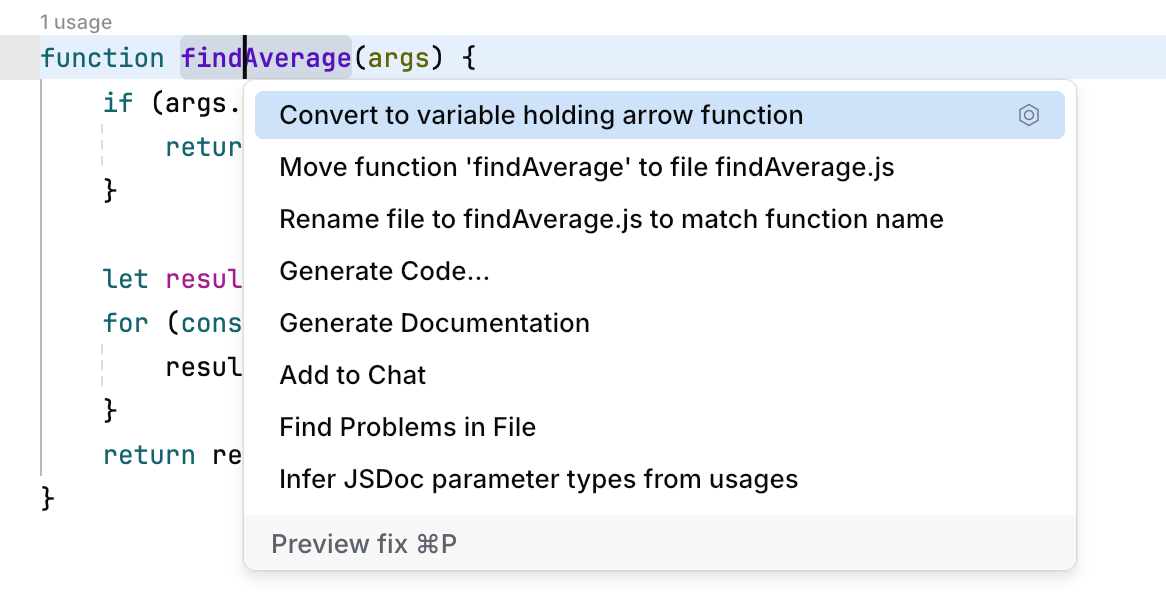 A popup with code actions A popup with code actions