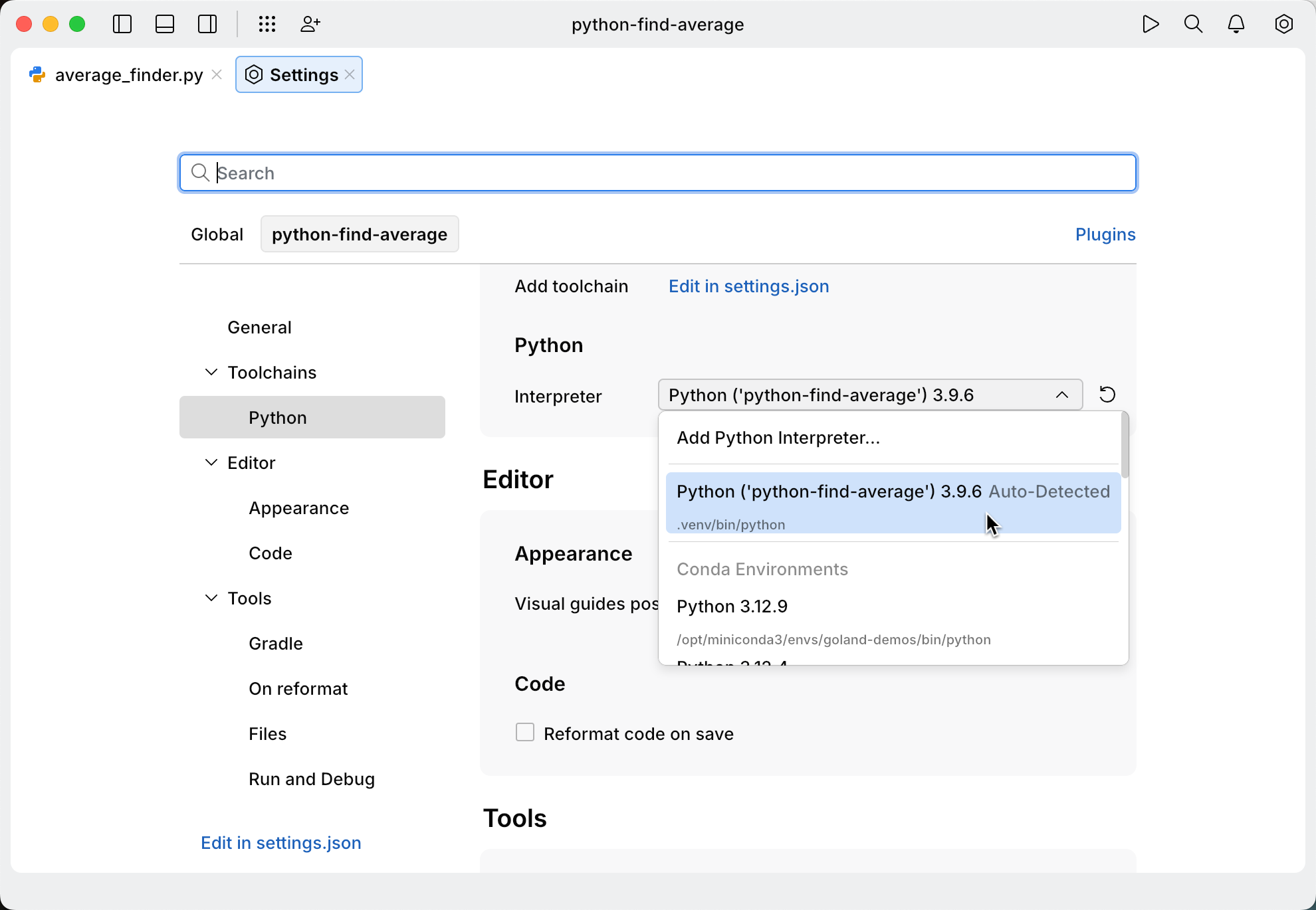 Selecting a Python interpreter for the workspace