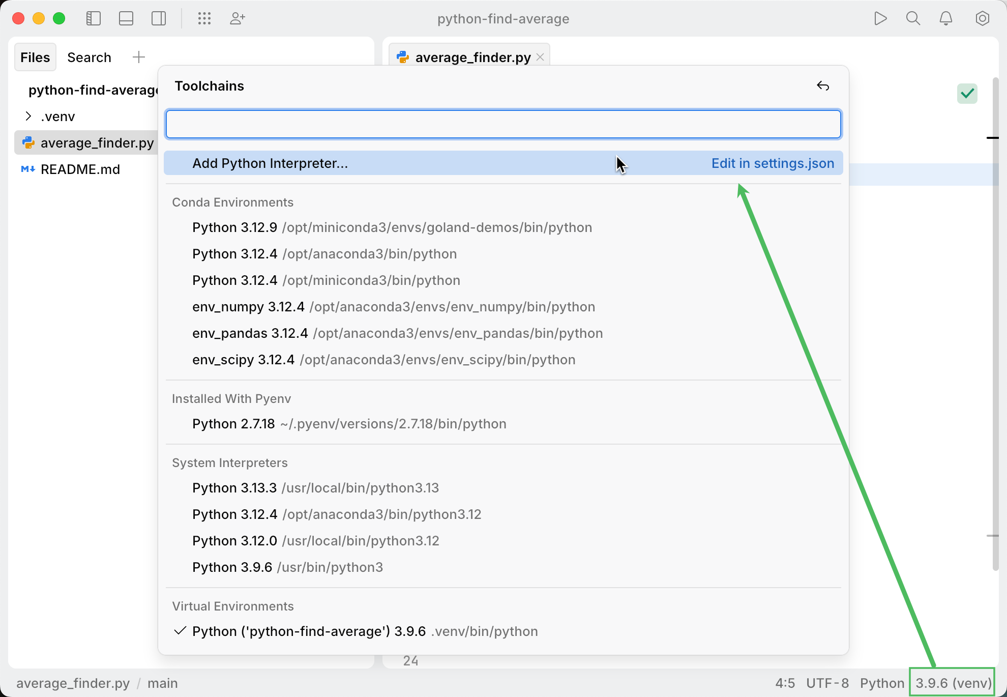 Selecting a Python interpreter in the widget