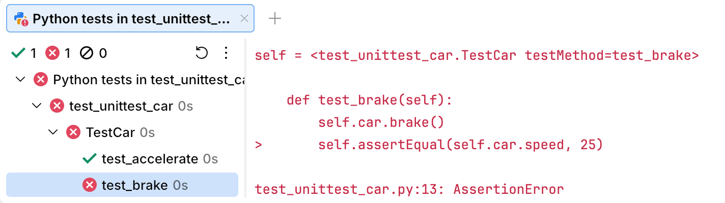 Details of the failed test_brake method Details of the failed test_brake method
