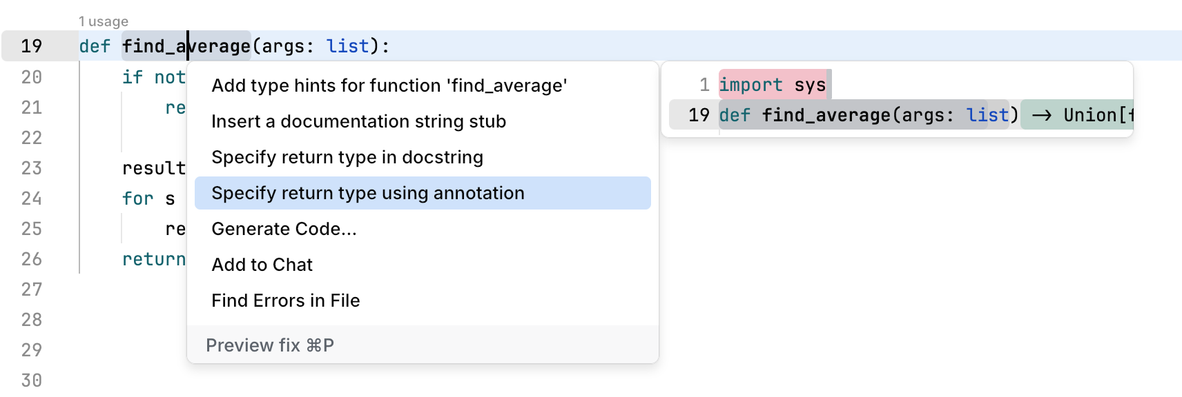 Code actions preview Code actions preview