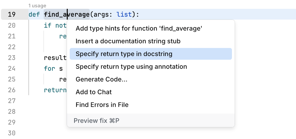 A popup with code actions A popup with code actions