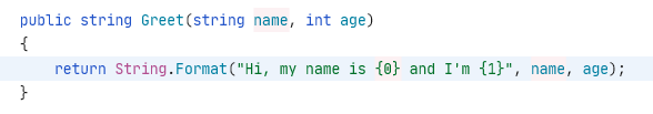 Highlighting of arguments and placeholders in string formatting methods Highlighting of arguments and placeholders in string formatting methods
