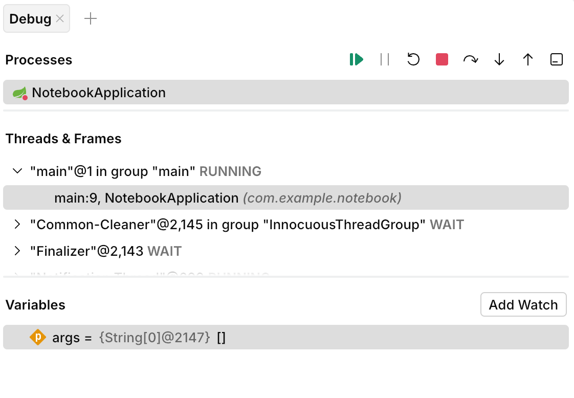 The threads are displayed in the Debug panel