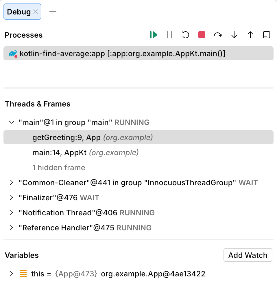 Threads are shown in the Debug panel