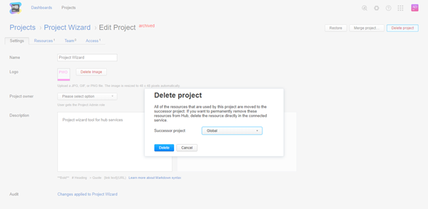 delete project dialog