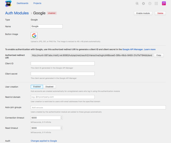 Google auth module settings