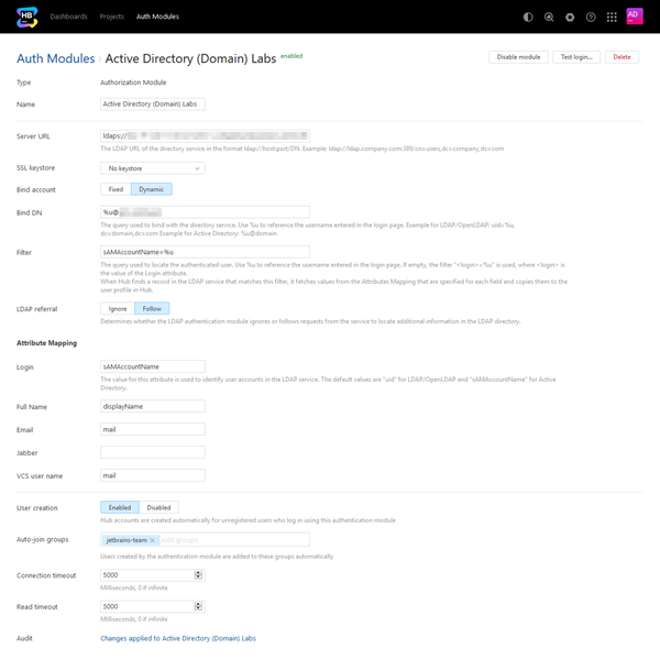 Active directory auth module settings