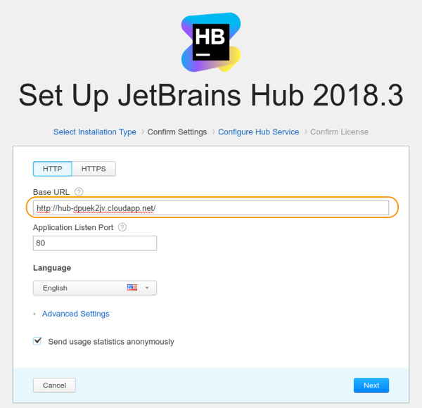 Hub on MS Azure: Change Hub base url