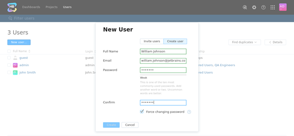 New user dialog create tab