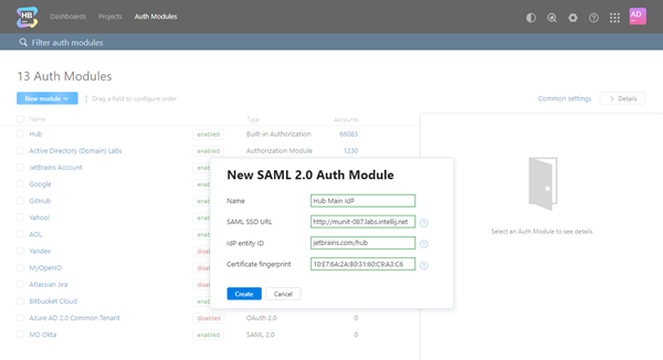 Saml hub2hub auth module create