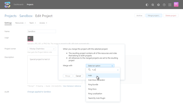 Merge project dialog select project
