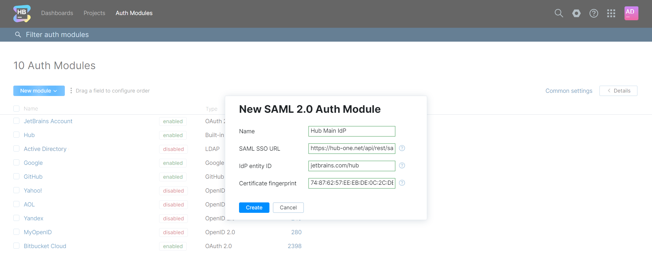 Saml hub2hub auth module create
