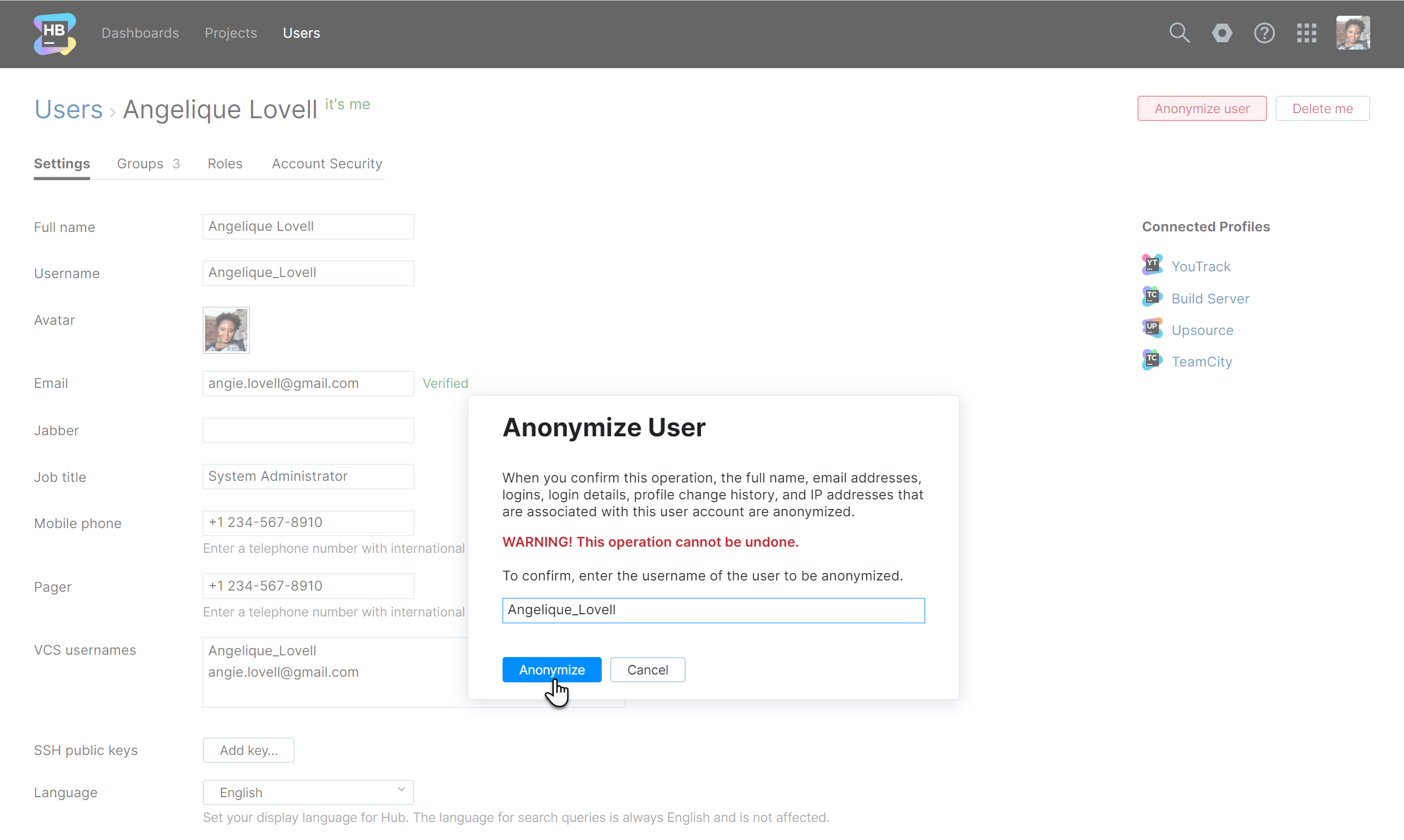 Anonymize user confirmation dialog
