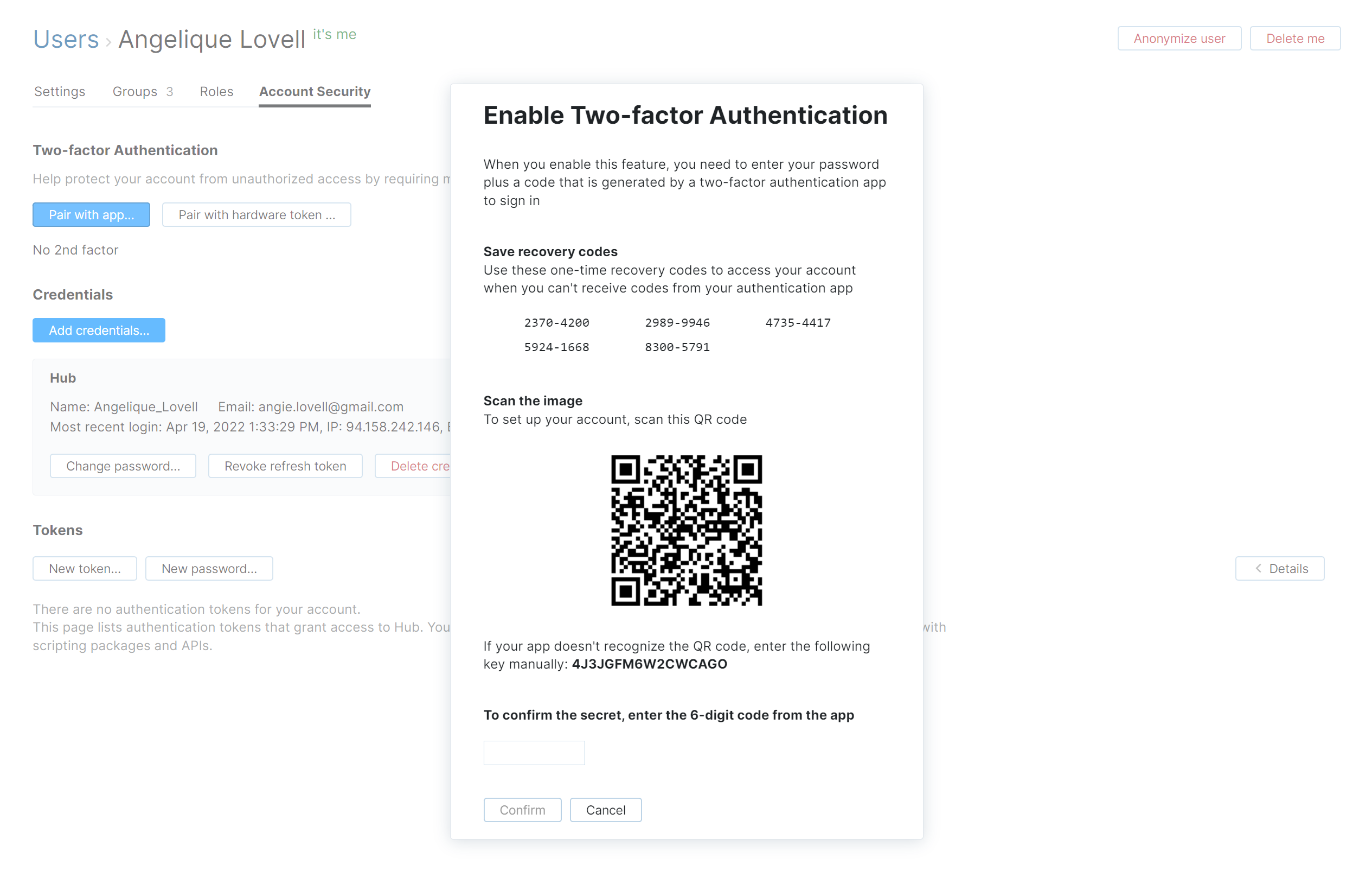 Enable two factor authentication dialog