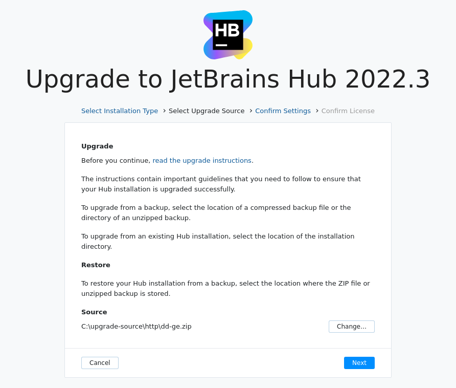 Upgrade Hub: Select upgrade source