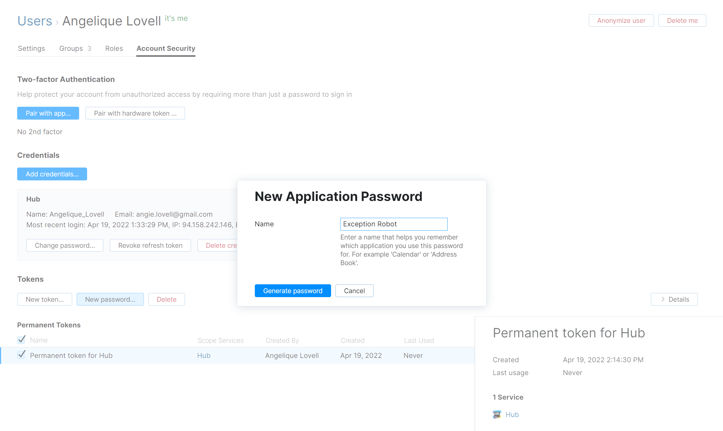 New application password dialog